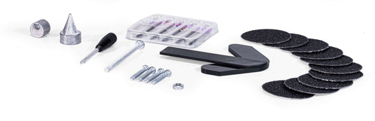 PLAYmake Service Set, Einzelteile, Schleifpapier 10 Stück, Stichsägeblätter 10 Stück, Schrauben, Exzenter, Mitnehmer und Bohrer