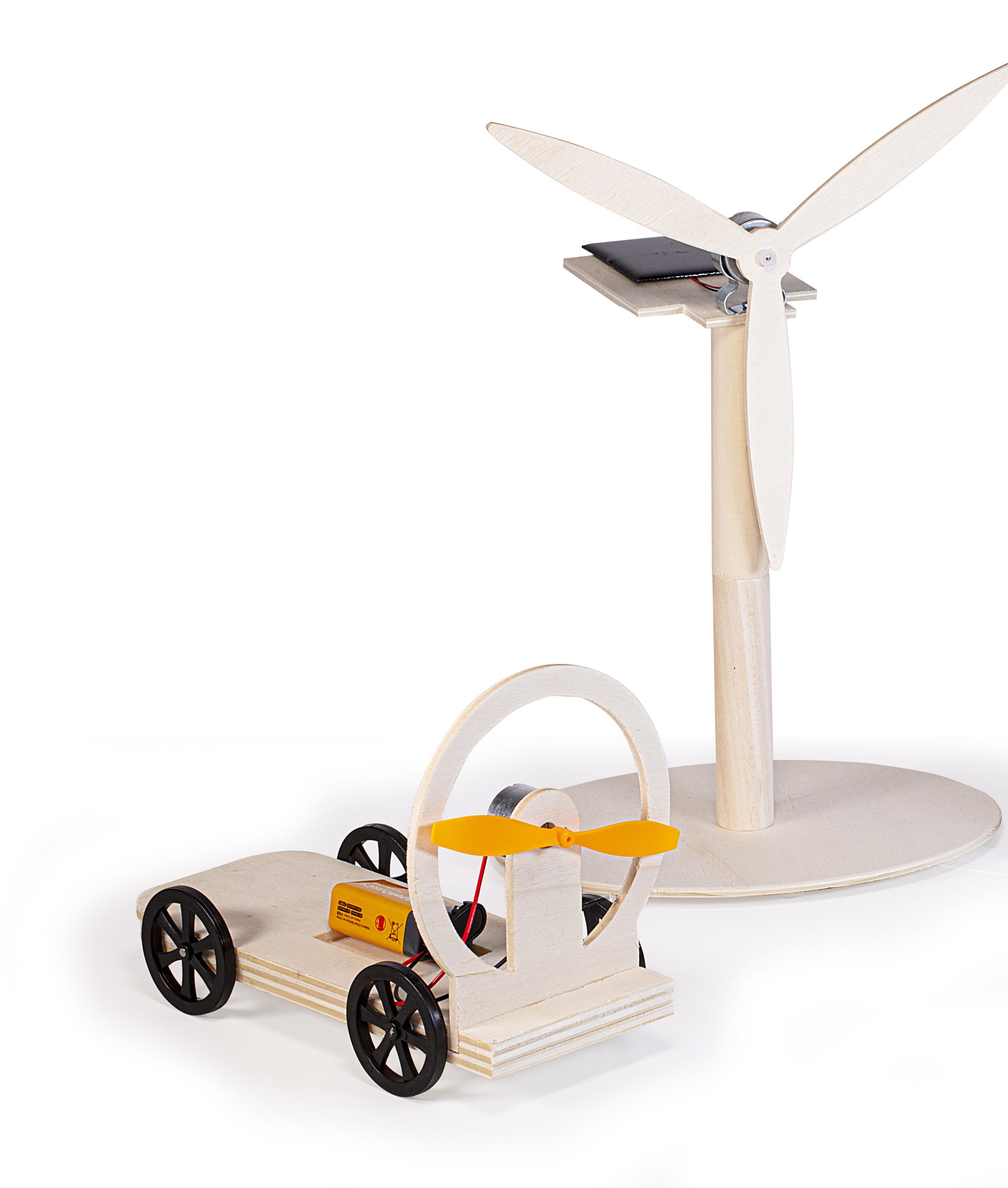 Holzmodelle mit Elektromotor, Auto aus Holz und Windrad mit Solarzelle und Elektromotor aus Holz