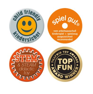 Auszeichnungen und Logos von PLAYmake, 4 Stück, Kindersicher, Spielgut, STEM und Top Fun Award