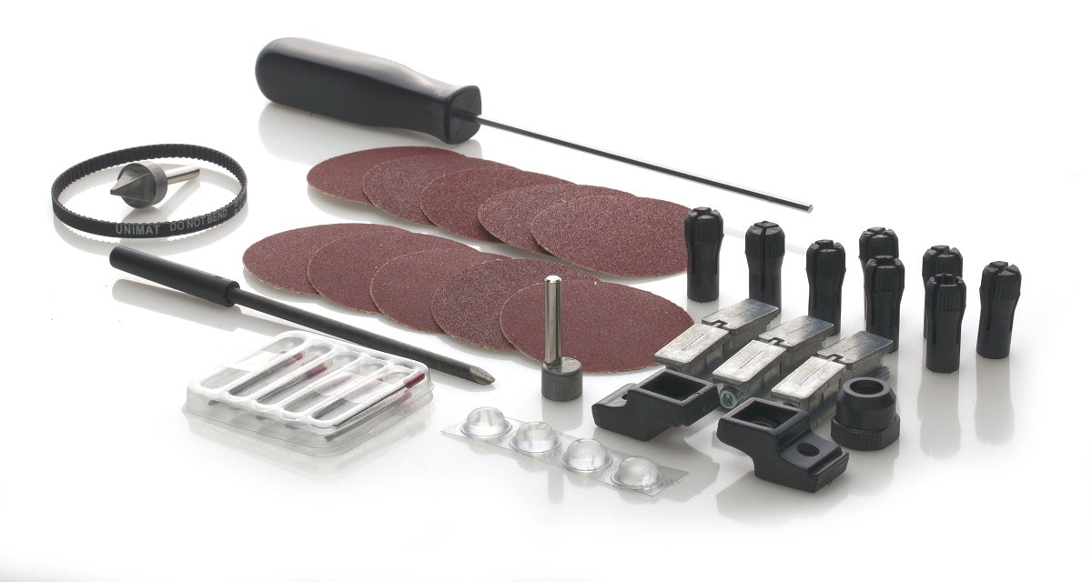 Zubehörpaket für UNIMAT Maschinen mit Schleifpapier, Stichsägeblättern, Spannzangen, Schraubenzieher, Verbindungselemtenen und Drechselmesser