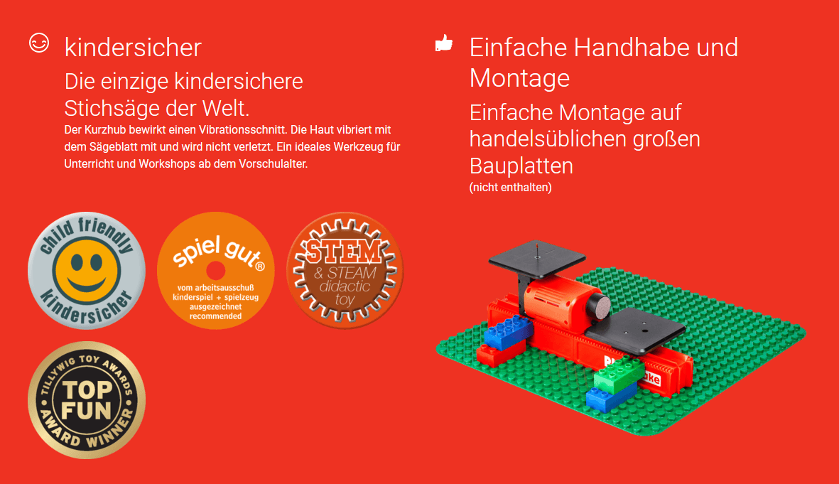 Übersicht mit Text über Verwendung von PLAYmake mit Logos und aufgebauter Stichsäge auf grüner Grundplatte