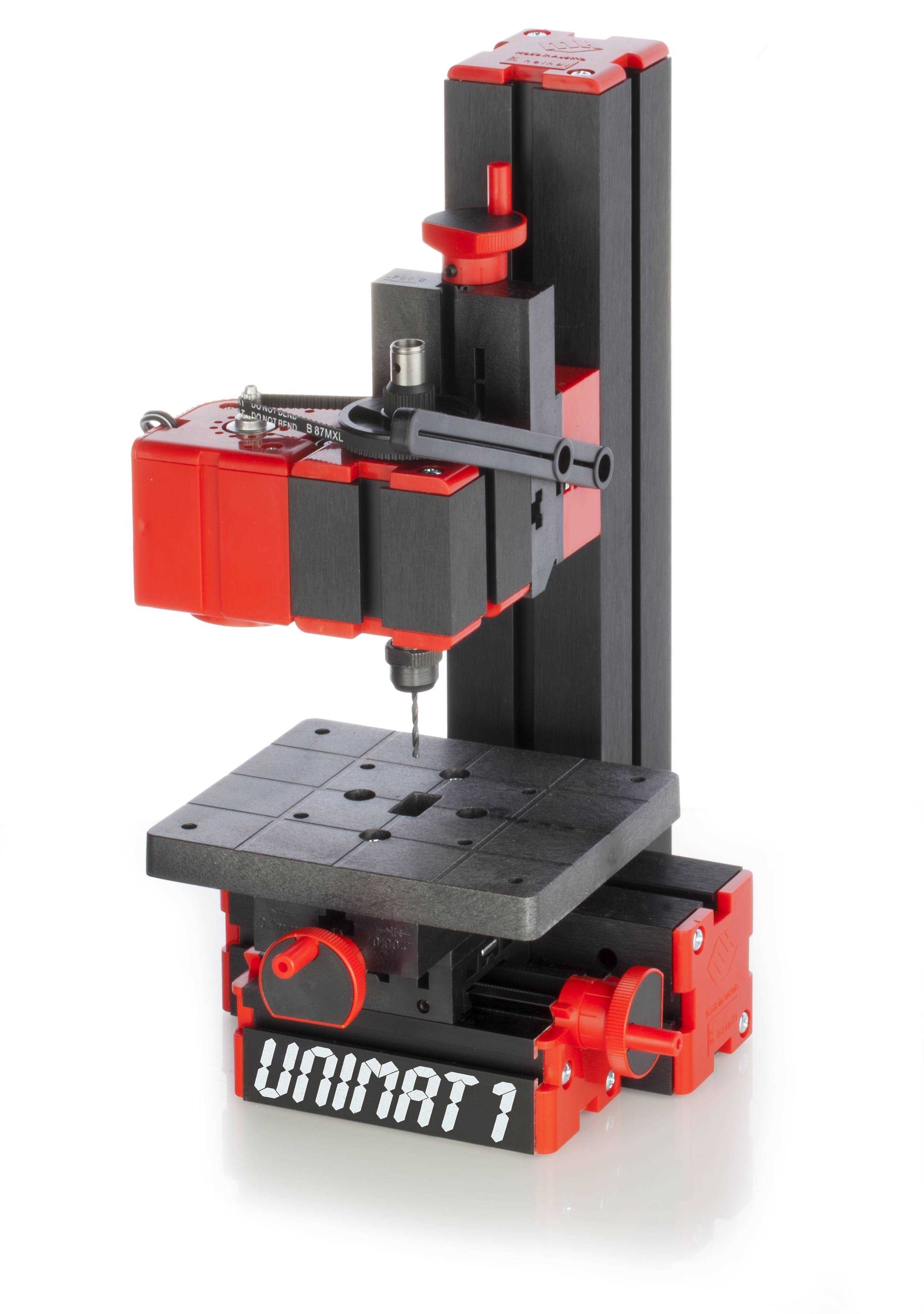 UNIMAT 1 Classic Standbohrmaschine mit Bohrhebel und Bohrer montiert